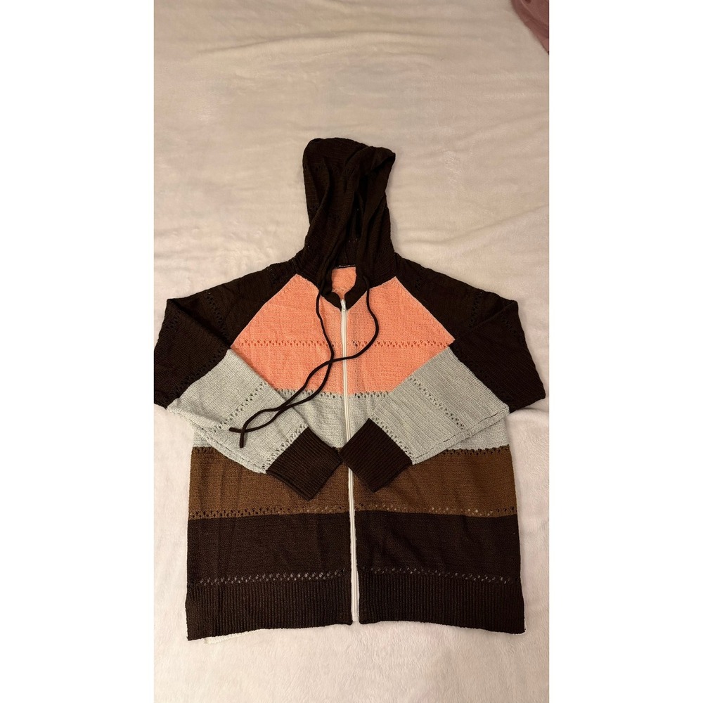 Women Colorblock Crochet Knit Zip Up Hoodie Sweater Brown Peach Blue Large